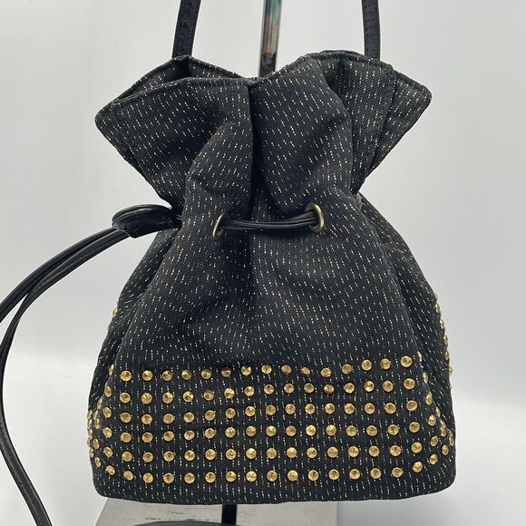 DAWLI Gold Metallic Studded Black Leather & Fabric Crossbody Bucket Purse Bag - Picture 1 of 9